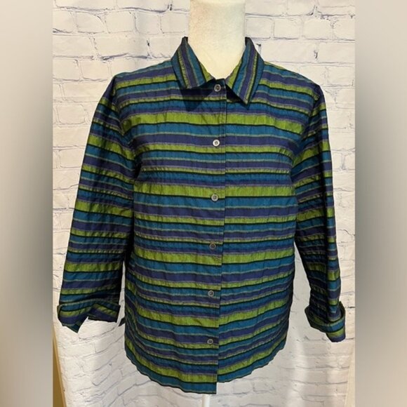 C.L.O.T.H.E.S. Womens Button Front Green Blue Stripe 3/4 Sleeve Collared 1X - Picture 1 of 6